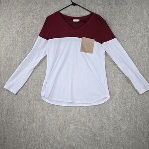 Blue Time Womens Color Block V-Neck Long Sleeve Top With Pocket